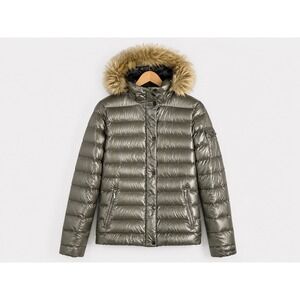 Marmot Hailey 700 Fill Down Jacket Glossy Olive Green w/Faux Fur Hood Womens M